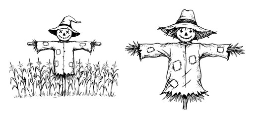 halloween scarecrows in cornfield hand drawn vector sketch set
