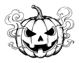 scary halloween pumpkin with smoke line art