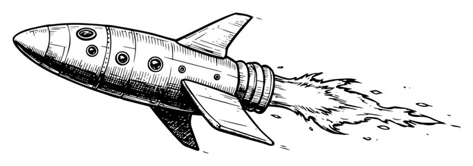 retro rocket flying in space line art © Kaz