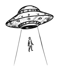 ufo abducting human with tractor beam vector sketch illustration © Kaz