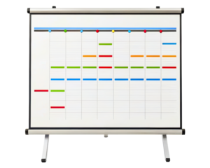 Project management timeline on a whiteboard with colorful tasks on a transparent background