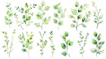Obraz premium set of green watercolor branches and leaves, delicate art collection of fresh spring branches
