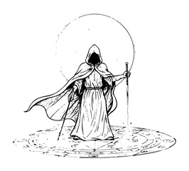 fantasy wizard in magic circle with staff sketch © Kaz