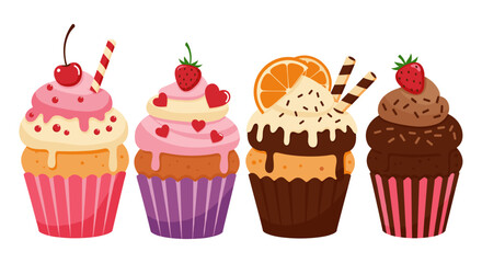 A colorful illustration features four delicious cupcakes, each adorned with unique toppings like cherries, strawberries, and orange slices, perfect for dessert.