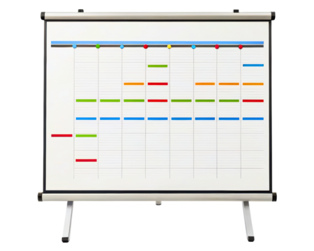 Project management timeline on a whiteboard with colorful tasks on a transparent background