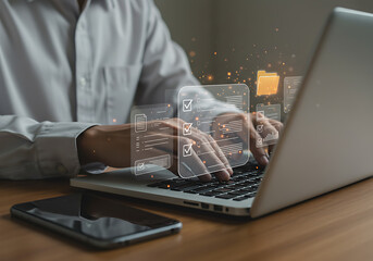 Businessman Completing Digital Checklist on Laptop with Data Management Icons Illustrating Efficiency and Organization in Modern Business Operations