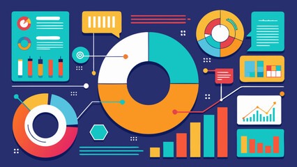 Colorful infographics and data visualization elements on dark background