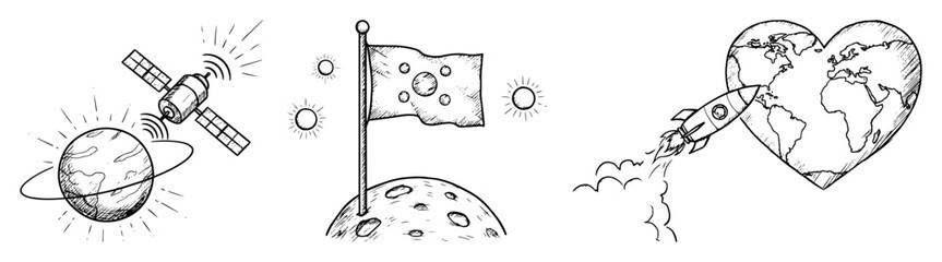space exploration doodle set satellite rocket and moon sketch