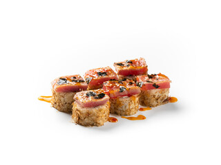 Exquisite sushi rolls with tuna and sauce, a delicious Japanese delicacy.