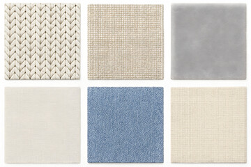 Fototapeta premium Texture Collection: Six diverse fabric swatches showcasing various weaves and colors, including knit, linen, and velvet textures, ideal for design inspiration or textile projects. 
