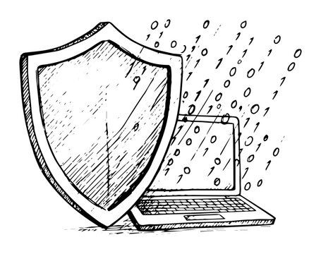shield protecting laptop from binary code line art