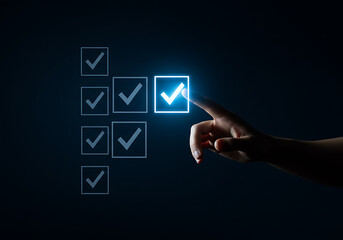 Hand Selecting a Glowing Checkbox on a Digital Checklist Interface with Dark Blue Background and Modern Design Elements