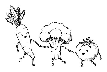 cute cartoon vegetable characters holding hands sketch