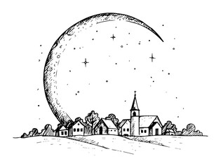 crescent moon over sleepy village night landscape vector illustration © Kaz