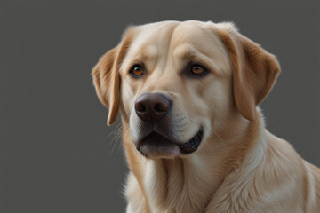 Close up portrait of a golden labrador retriever with a soft expression on a grey background image created with generated ai
