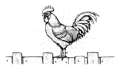 rooster crowing on a wooden fence farm animal vector sketch