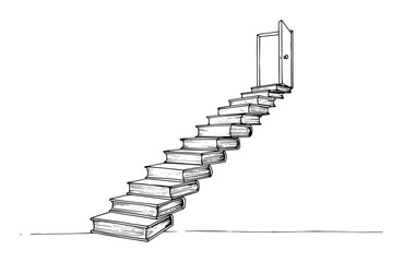 stairway of books leading to open door of knowledge sketch