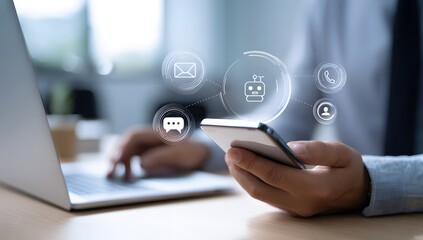 Man using smartphone with digital communication icons representing messaging, email, call, and video chat