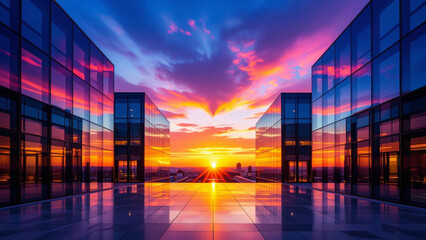 Vibrant Sunset Reflected in Modern Glass Buildings