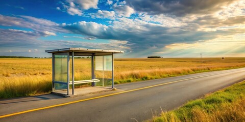 A rural bus stop standing alone on an asphalt road, surrounded by vast expanses of open fields and tall grasses swaying in the breeze , bus station, asphalt road
