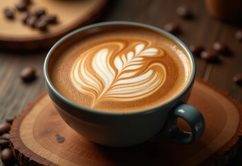 intricate latte art design textured wood surface coffee aesthetic warm rustic ambiance artistry craftsmanship, cappuccino, espresso, foam, milk, barista, brew