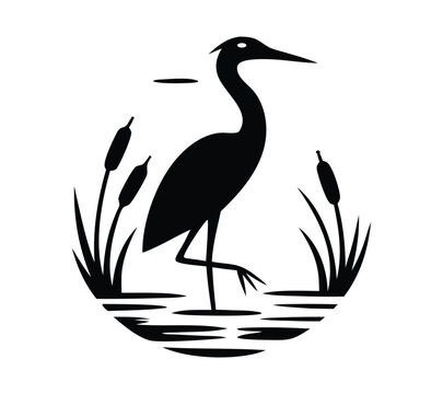 Wading Bird in Marsh, Circle Conservation Logo, Vintage Heron and Cattails Illustration  Nature Emblem

