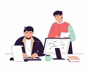 Two professionals collaborating on project with computer laptop and mug illustration on a white background