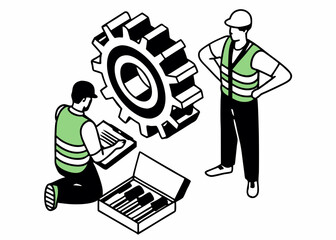 Vector illustration of two construction workers examining a large gear and tools with transparent background
