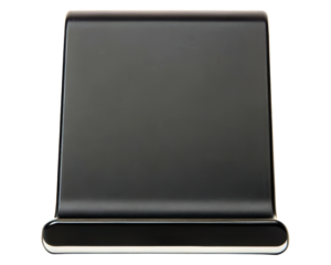 Black tablet stand with adjustable cradle on a transparent background