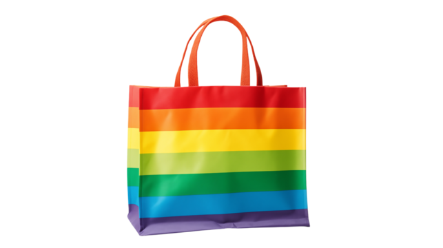 Isolated rainbow striped shopping bag with orange handles on a transparent background studio shot