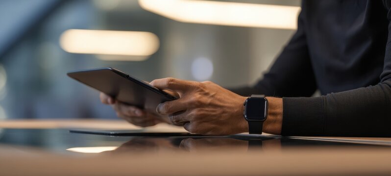 The person using a tablet and smartwatch in a modern workspace setting. - Powered by Adobe
