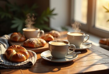 inviting steaming coffee cups cozy arrangement rustic wooden table warm morning ambiance, beverage, ceramic, sipping, flavor, relaxation, decor, comfort