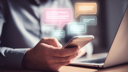 Man using smartphone for online messaging with chat bubbles floating in digital interface
