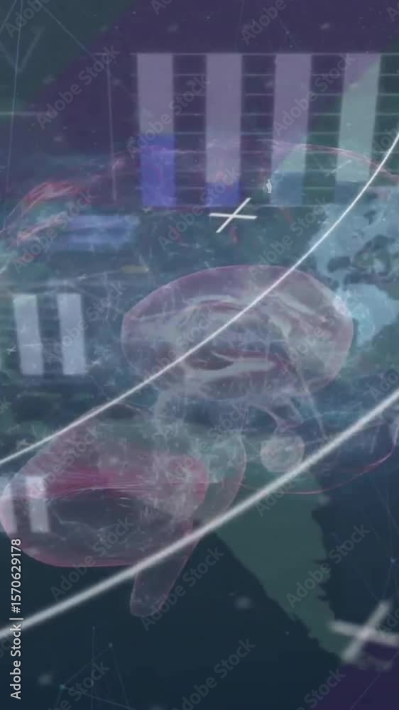 Poster animation of statistics and data processing over dark background