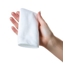 hand holding a white towel isolated on a transparent background