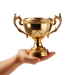 Hand holding a gold trophy cup isolated on a transparent background