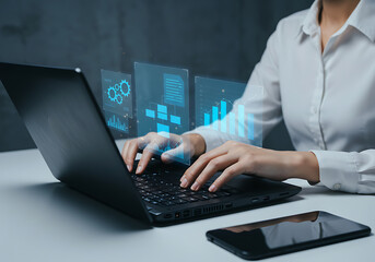 Businesswoman Analyzing Data with Holographic Interface on Laptop Modern Technology and Data Visualization for Business Decisions