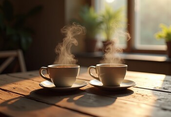 pair steaming coffee cups rustic wood tabletop cozy warmth inviting aroma fresh brew morning ritual, tablescape, beverage, drink, ceramic, spoon, saucer