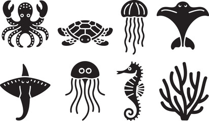Obraz premium Ocean Sea Animals Collection: Turtle, Jellyfish, and Seahorse Icons