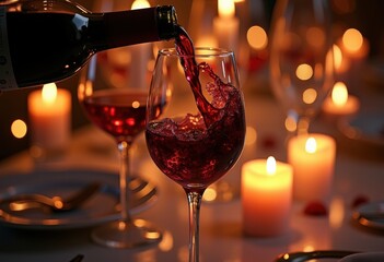 pouring velvety deep red wine into elegant glass rich color glassware celebration relaxation atmosphere, liquid, alcohol, drink, chateau, cabernet