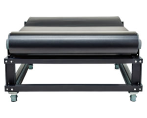 Section of a black roller conveyor belt on a wheeled frame on a transparent background