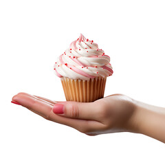 Hand holding cupcake isolated on a transparent background