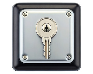 Metal key inserted into square plate lock with rounded corners on a transparent background