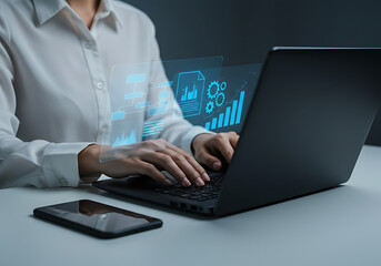 Businesswoman working on laptop with data analysis and business intelligence visualization future technology and digital transformation concept for success