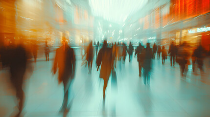 Blurred background of a modern shopping mall with some shoppers. Shoppers walking at shopping center, motion blur
