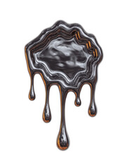 Glossy black metallic splash with iridescent orange reflections forming radial shape on white background. Concept of futuristic material, energy and digital abstraction