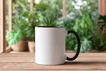 A blank white mug with a black interior and handle sits on a wooden surface before a blurred background of lush greenery in pots