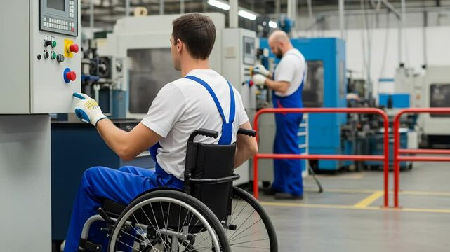 Worker in wheelchair operating machine in factory  background