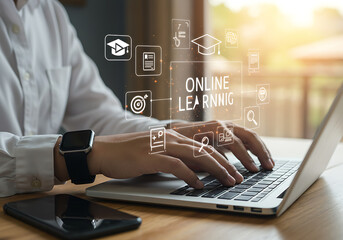 Man Typing on Laptop with Online Learning Icons Overlayed Representing Digital Education and Modern Technology for Skill Development