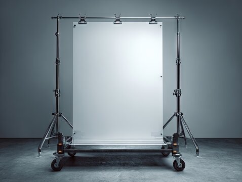 A blank, white rectangular panel hangs from a metallic frame supported by two wheeled stands against a gray backdrop